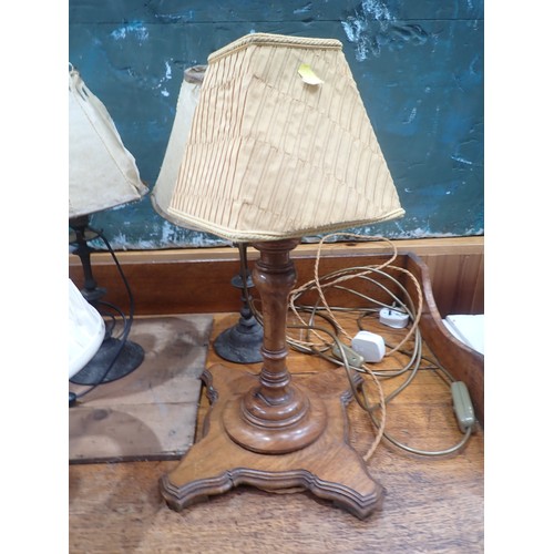 247 - A pair of metal Table Lamps and shades, a turned oak Table Lamp and shade, another Table Lamp and a ... 