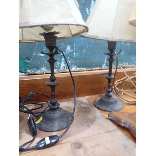 247 - A pair of metal Table Lamps and shades, a turned oak Table Lamp and shade, another Table Lamp and a ... 