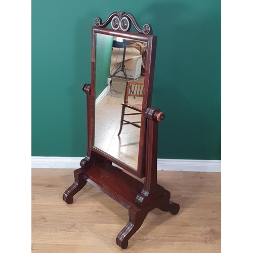 538 - A mahogany framed Cheval Dressing Mirror with scrollwork surmount on shaped supports, A/F, 4ft 3