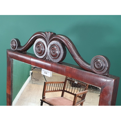 538 - A mahogany framed Cheval Dressing Mirror with scrollwork surmount on shaped supports, A/F, 4ft 3