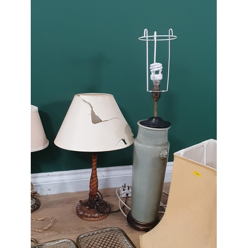 541 - A pair of painted Table Lamps, A/F, a painted table Lamp, a green glaze pottery Table Lamp and a fol... 