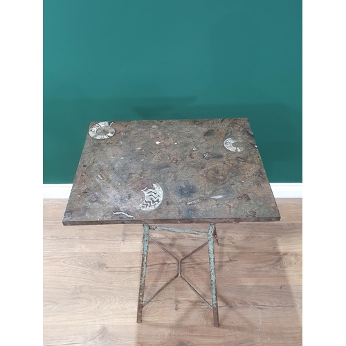 552 - An Occasional Table with industrial metal base and polished stone top with fossil inclusions 2ft 5in... 