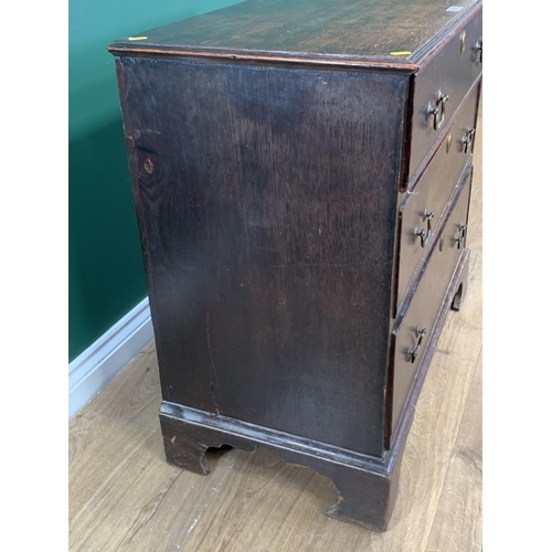 582 - An 18th Century oak Chest of three drawers mounted on ogee bracket feet 2ft 9in W x 2ft 7in H