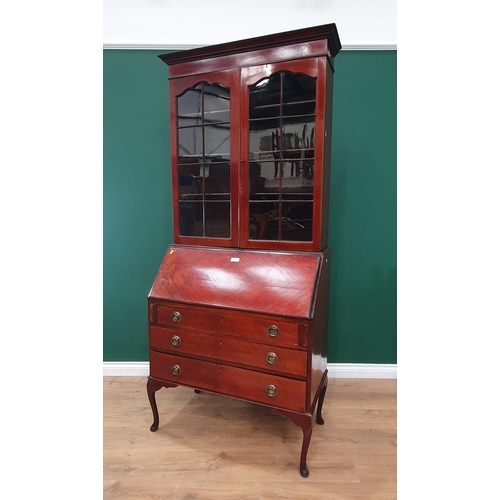 586 - A mahogany veneered Bureau Bookcase fitted three drawers mounted on cabriole supports 6ft 8in H x 3f... 