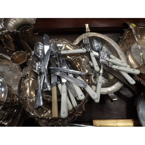 250 - A quantity of metal ware and silver plated items including Coffee Pot, cased Goblets, glass Inkwell,... 