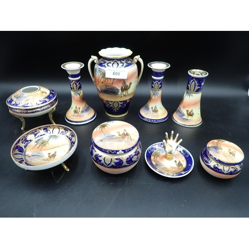 600 - A pair of Noritake Candlesticks, a Stick Pin Holder, two lidded Boxes, a Ring Tree, a Hair Tidy, a V... 