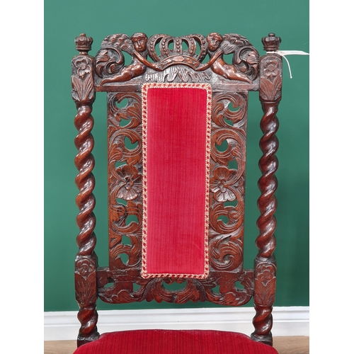 602 - Two Victorian carved oak Hall Chairs with red and blue upholstery