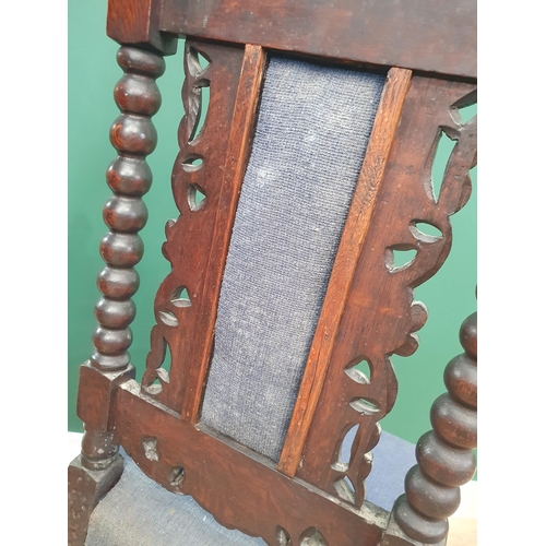 602 - Two Victorian carved oak Hall Chairs with red and blue upholstery