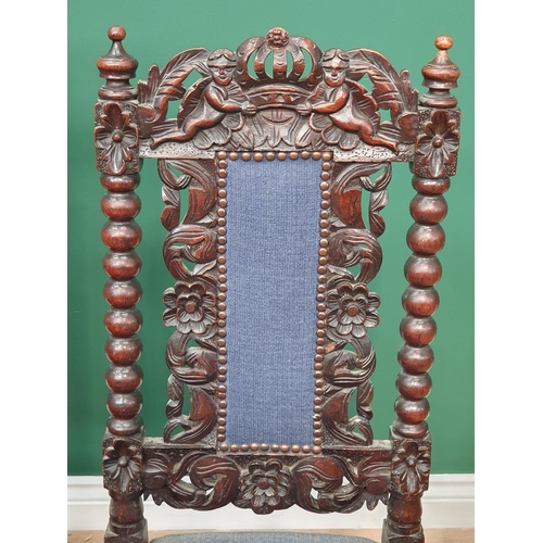 602 - Two Victorian carved oak Hall Chairs with red and blue upholstery