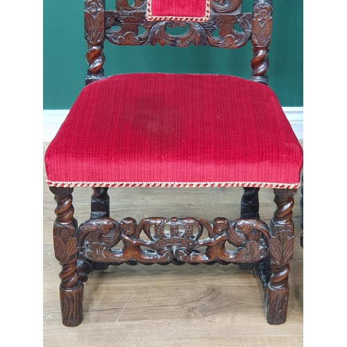 602 - Two Victorian carved oak Hall Chairs with red and blue upholstery