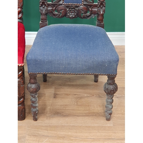 602 - Two Victorian carved oak Hall Chairs with red and blue upholstery