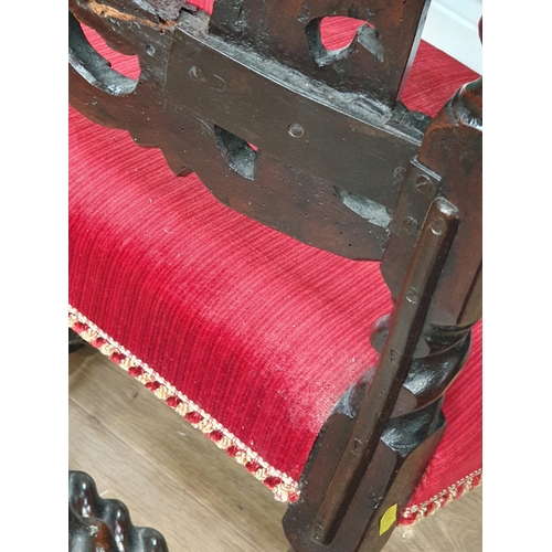 602 - Two Victorian carved oak Hall Chairs with red and blue upholstery