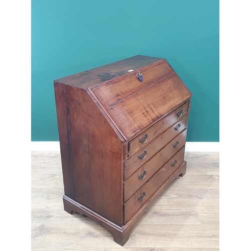 605 - A 19th Century mahogany Bureau fitted four long drawers on bracket feet 3ft 3in H x 3ft W