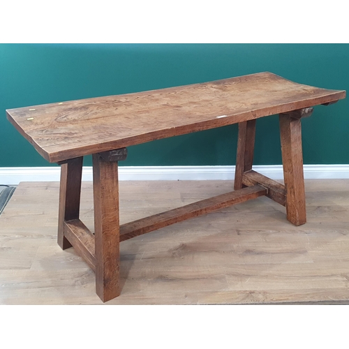 611 - An oak Refectory Table with two plank top on square supports united by H-stretcher 5ft 1in L x 2ft 5... 