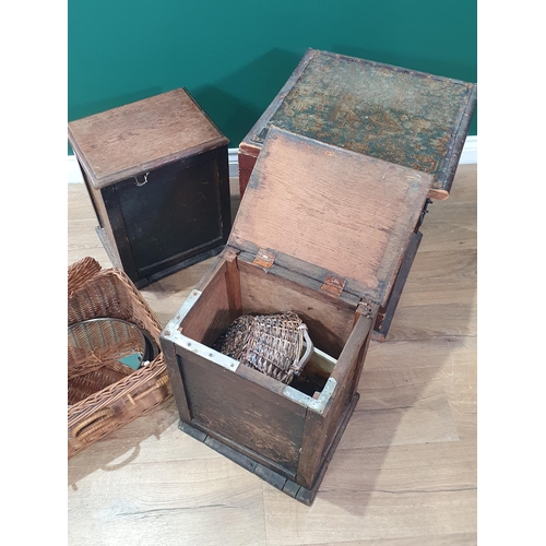 655 - An antique pine Box, two Tea Chest Boxes with oak hinged tops and a wicker Picnic Hamper