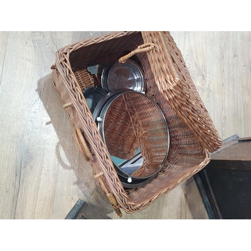 655 - An antique pine Box, two Tea Chest Boxes with oak hinged tops and a wicker Picnic Hamper