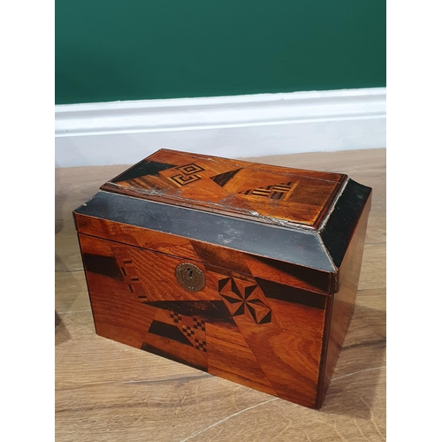 702 - Three Canteen Boxes, a parquetry Tea Caddy, a rosewood inlaid Box and a miniature lacquered Cabinet