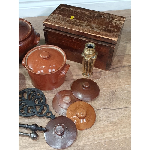 706 - A box of pottery lidded Pots, Tureen Lids and a stained Box