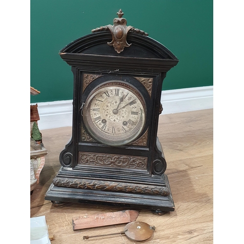 709 - A walnut Mantle Clock, a Victorian ebonised Mantle Clock, a Flying Scotsman Wall Clock and a Welsh t... 