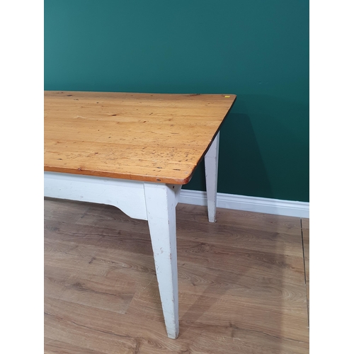 740 - A pine scrub top Kitchen Table with white painted square tapered supports (Legs tipped) 5ft 3