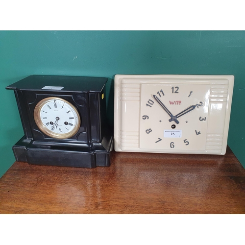 75 - A Witt cream pottery cased Art Deco Wall Clock and a small Victorian slate cased Mantle Clock