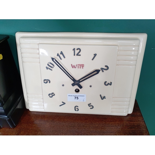 75 - A Witt cream pottery cased Art Deco Wall Clock and a small Victorian slate cased Mantle Clock