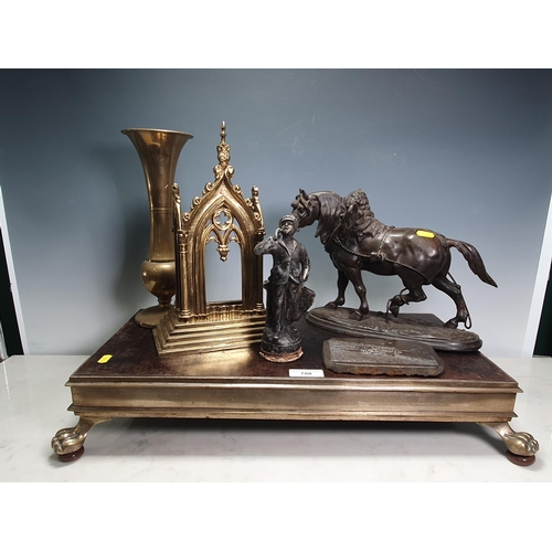 780 - A spelter Figure of a Pony, a brass Gothic Frame, Vase, a bronze Plaque of ploughing scene, a Figure... 