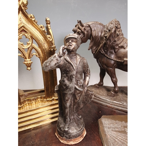 780 - A spelter Figure of a Pony, a brass Gothic Frame, Vase, a bronze Plaque of ploughing scene, a Figure... 