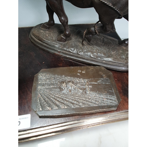 780 - A spelter Figure of a Pony, a brass Gothic Frame, Vase, a bronze Plaque of ploughing scene, a Figure... 