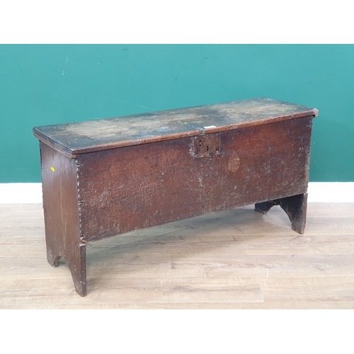 9 - A 18th Century oak six plank Chest on cupid's dob cut ends 3ft 8in W x 1ft 10in H