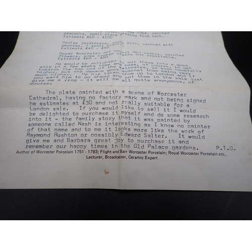 97 - A Worcester style Plate painted view of Worcester Cathedral, 8in, together with a letter from Henry ... 
