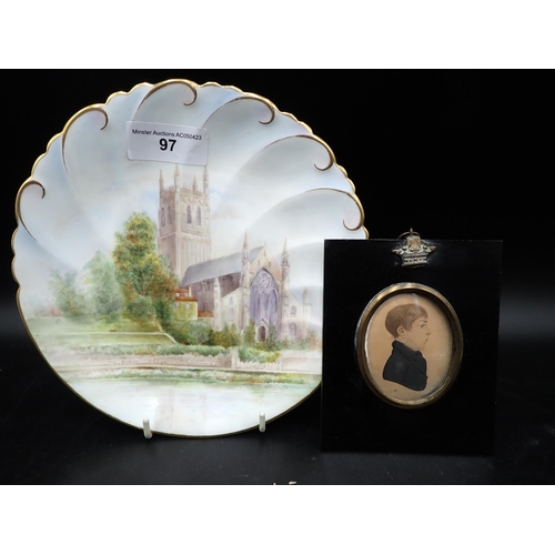 97 - A Worcester style Plate painted view of Worcester Cathedral, 8in, together with a letter from Henry ... 