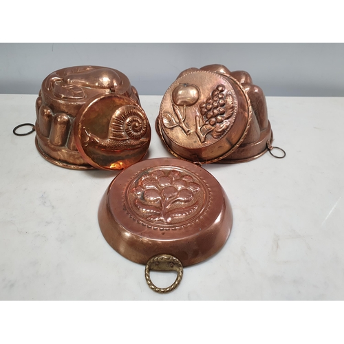 249 - A collection of antique copper Jelly Moulds and a brass Urn