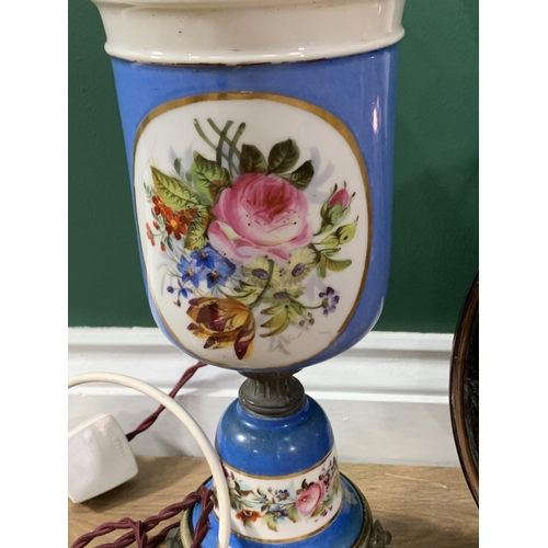 677 - A ceramic Oil Lamp with painted designs of bouquet on blue ground, a Corinthian column Oil Lamp, Jam... 