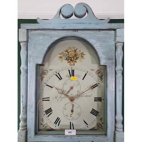 667 - *WITHDRAWN WILL BE OFFERED ON 26th APRIL*
A blue painted Longcase Clock with painted arched dial ins... 