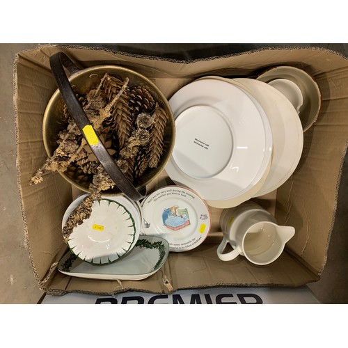 321 - Two boxes of stoneware Jar and covers, Plates, Jam Pan