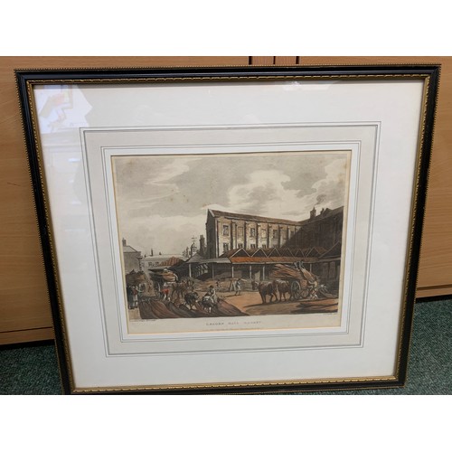 234 - A framed Russian Railway Bond, a coloured Engraving, Leaden Hall Market, a coloured Engraving of SR.... 