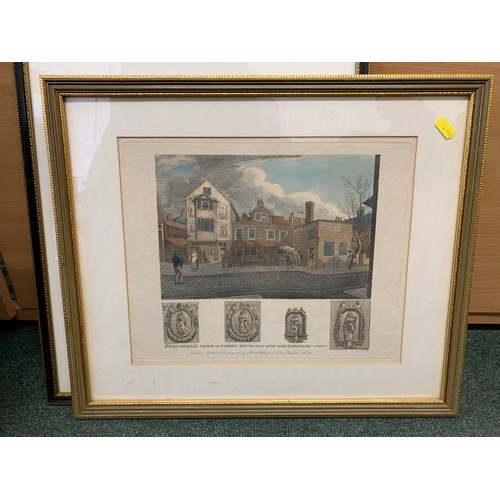 234 - A framed Russian Railway Bond, a coloured Engraving, Leaden Hall Market, a coloured Engraving of SR.... 