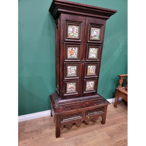 604 - A Mexican Cabinet on stand fitted pair of doors with tile decoration above drawers 4ft 4in H x 2ft 9... 