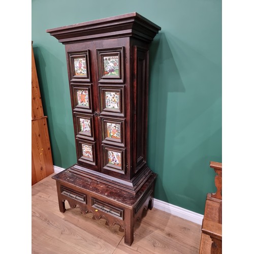 604 - A Mexican Cabinet on stand fitted pair of doors with tile decoration above drawers 4ft 4in H x 2ft 9... 