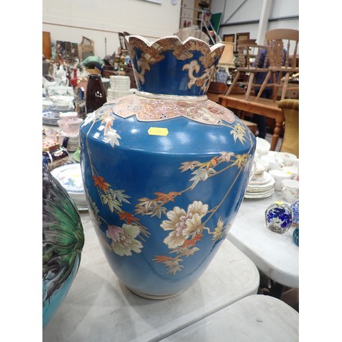 385 - A large blue glazed Satsuma Vase with floral decoration 18in H and a leafage moulded Jardinière