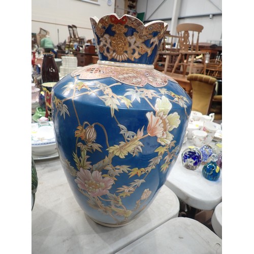 385 - A large blue glazed Satsuma Vase with floral decoration 18in H and a leafage moulded Jardinière