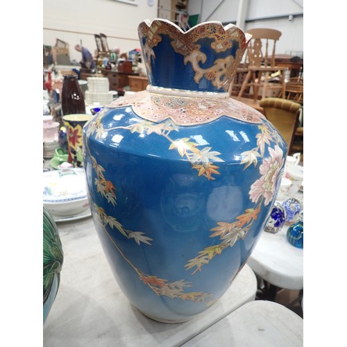 385 - A large blue glazed Satsuma Vase with floral decoration 18in H and a leafage moulded Jardinière