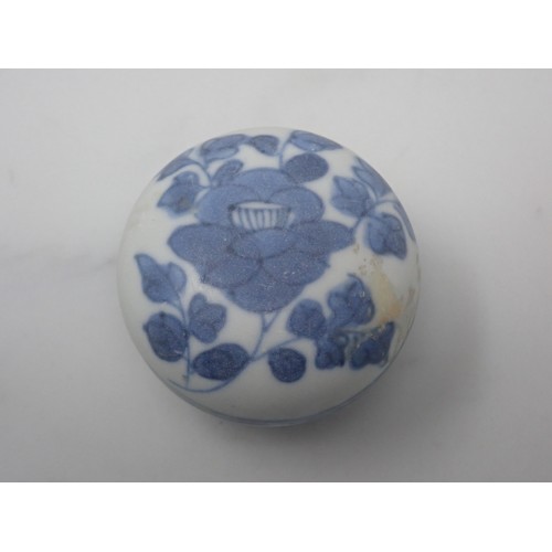 230 - A semi-spherical Pill Box and Cover decorated landscape and flowers in blue and white, c.1690, 1½in ... 