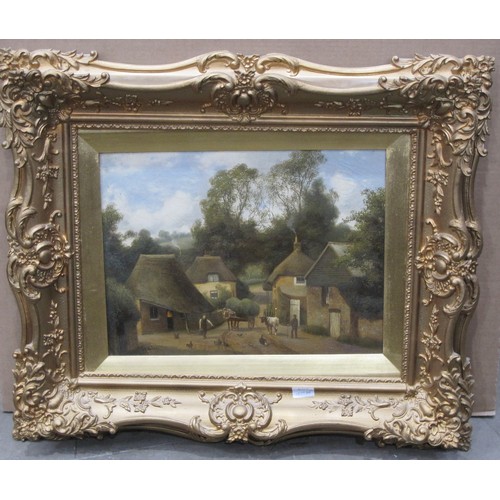 446 - H. WILCOX. Outside a Pub at Harvest-time; On a Village Street, signed, oil on canvas, 12 x 16in; a p... 