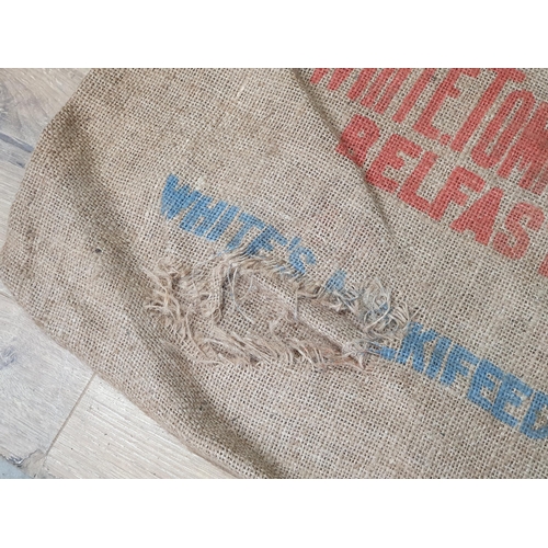 10 - Five hessian Sacks with various advertising logos (some repairs).