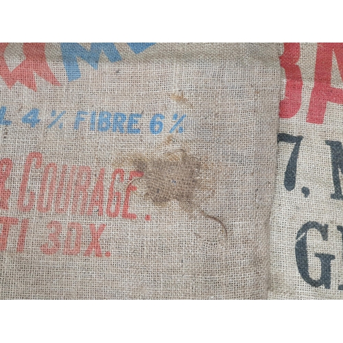 10 - Five hessian Sacks with various advertising logos (some repairs).