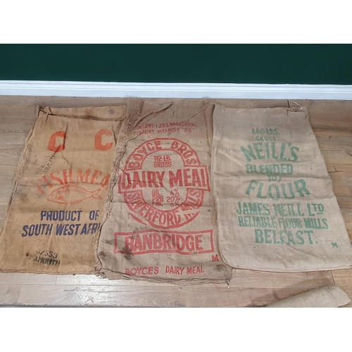 11 - Five hessian Sacks with various advertising logos (some repairs).