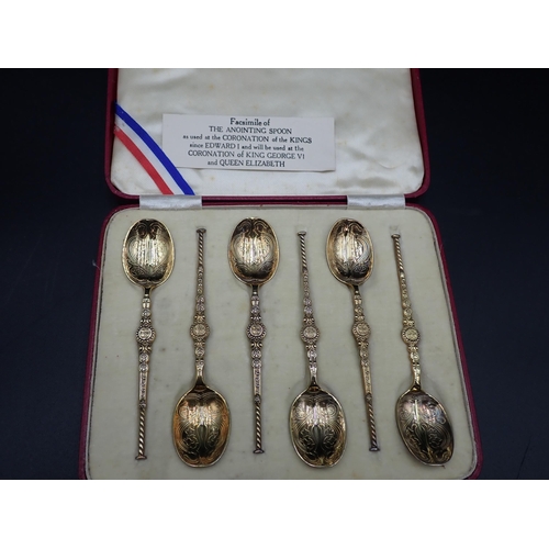 118 - Six Edward VIII silver-gilt facsimile Anointing Spoons, Birmingham 1936, in case