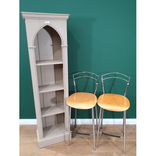 12 - A pair of modern Breakfast Bar Stools and a painted pine arched Bookcase, 5ft 7